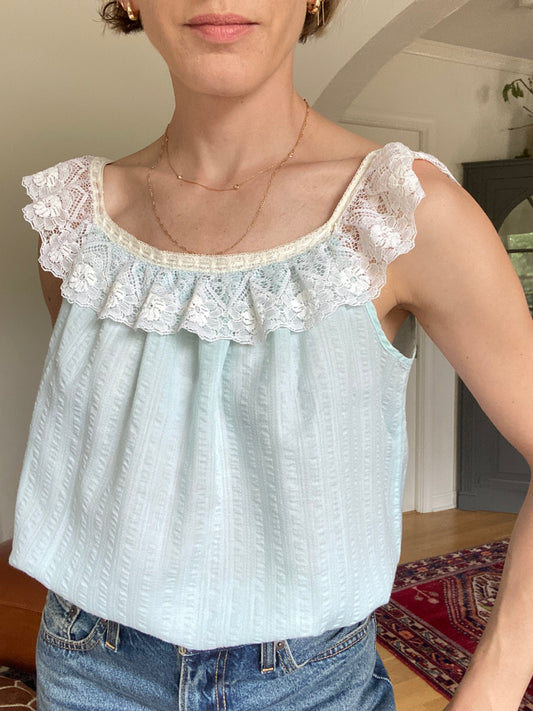 Upcycled Vintage Nightie Bubble Top - Stripe Texture & Lace Detail